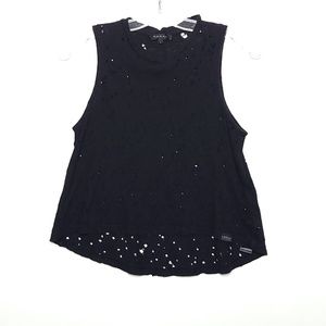 KORAL Organic Hemp Cotton Factory Distressed Laser Cut Black Hi Lo Tank Top sm